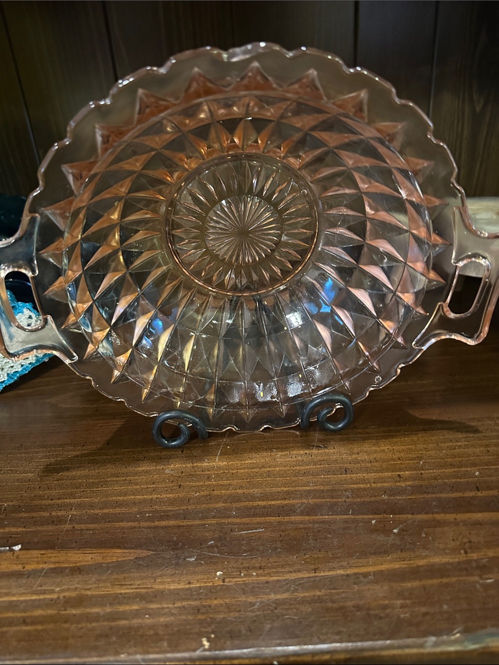 Vintage Pink Depression Glass Serving Platter with Handles